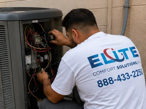 Elite Comfort Solutions technician servicing the electrical panel of a residential split-system condenser in Los Angeles