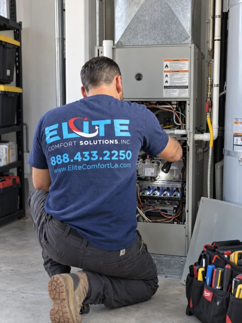 Elite Comfort Solutions technician servicing a gas furnace in a Los Angeles home