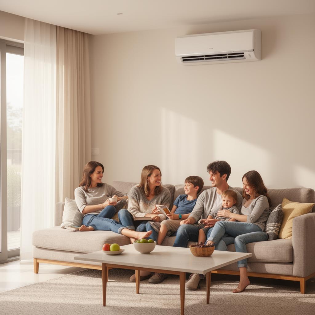 Happy family relaxing in a comfortable, climate-controlled modern living room