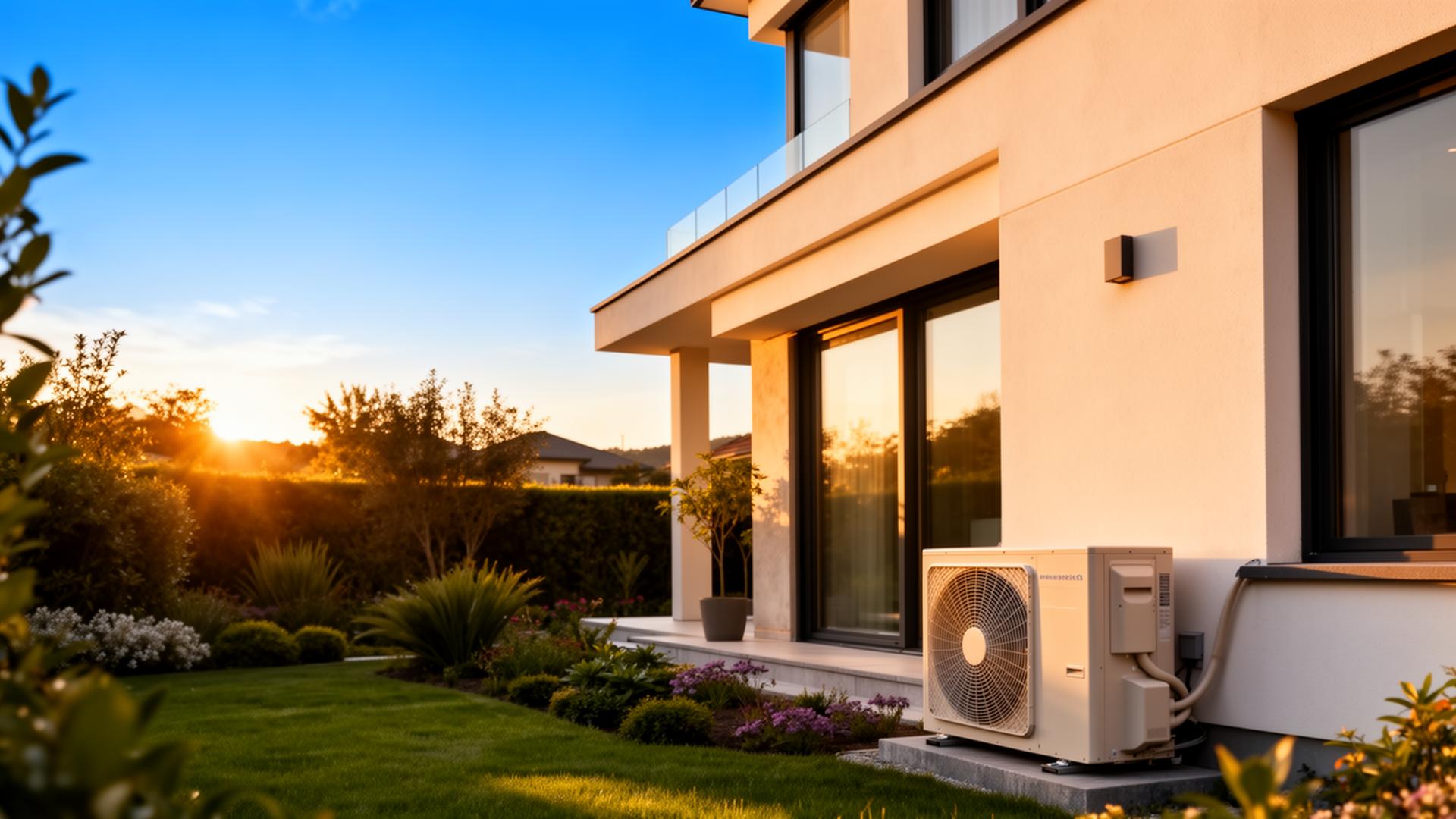 Modern luxury home exterior with a clean outdoor air conditioning unit at golden hour
